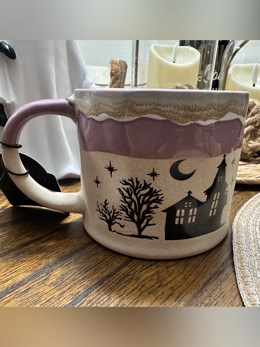 Stoneware Ceramic Moonlit Village Mug in Mauve and Cream